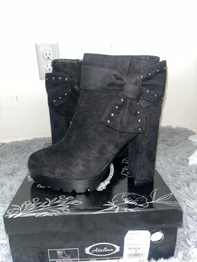 Catalina Black Suede Stud Bow Block Heel Booties